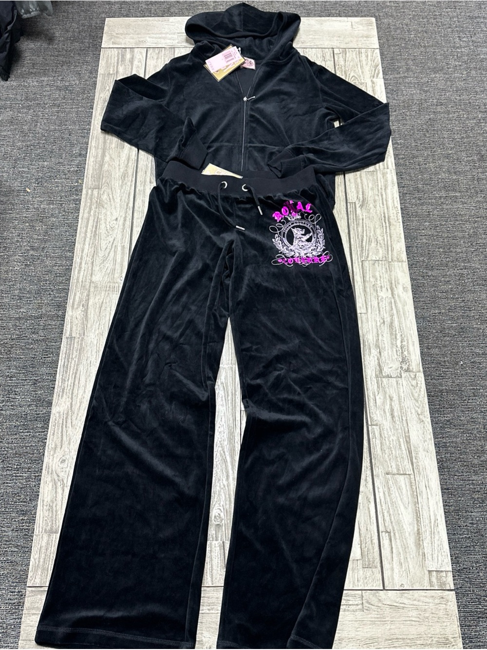NWT VTG Y2k Juicy Couture Velour Tracksuit Set Sz Large Black USA Made Wide Leg